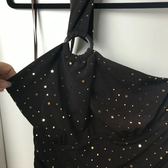 EnFocus Studio gold Sequins Asymmetrical Ruched Halter Dress Size 10 NWOT - Picture 6 of 11